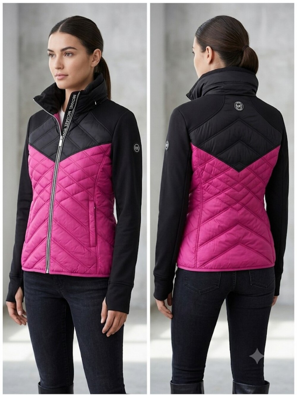 Michael Kors Pink and Black Quilted Mixed-Media Jacket